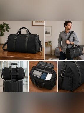 Black Canvas Duffel Bag with Leather-Trim Handles - Men’s Travel Duffle